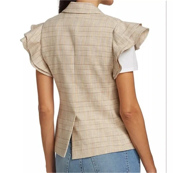 $595 Veronica Beard Janae Plaid Ruffle Blazer Jacket Button Up Khaki Multi Sz 00 - Picture 3 of 14
